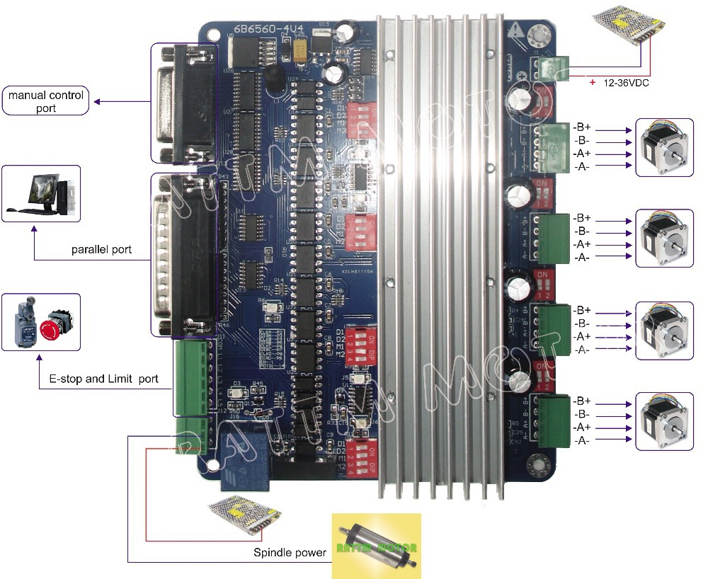 Placa Controladora CNC Integrada CNC4AX TB6560 Tipo H c/ Porta Paralela 4 Eixos para Mach3